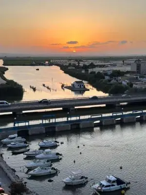 a group of boats in the water at sunset at Aqua Vida Apartments Sueca in Sueca