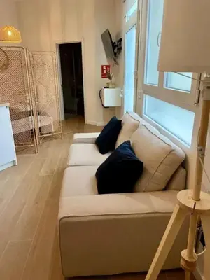 a living room with a couch with pillows on it at Aqua Vida Apartments Sueca in Sueca