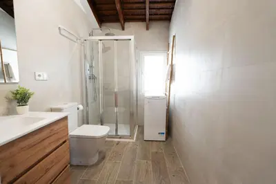 a bathroom with a shower and a toilet and a sink at Pinedo Playa Rustico in Valencia