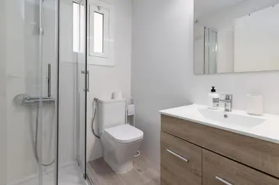 a bathroom with a toilet and a shower and a sink at Mislata Apartment in Valencia