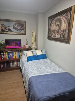 a bedroom with a bed and a book shelf with books at Acogedor y exótico hogar con piscina privada in Rafelguaraf