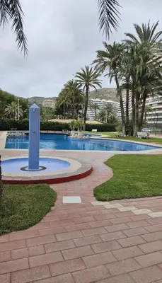 a swimming pool in a park with palm trees at Cullera - Primera Línea de Playa in Faro de Cullera