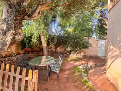 a table and chairs under a tree in a yard at Casa de invitados en L'Eliana, España in La Eliana