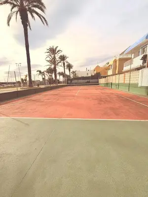 a tennis court with palm trees and a palm tree at Puerto Beach House in Puebla de Farnals