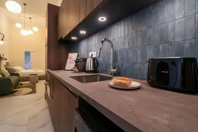 a kitchen with a sink and a plate of food on a counter at Studio 03 - Les artes in Valencia