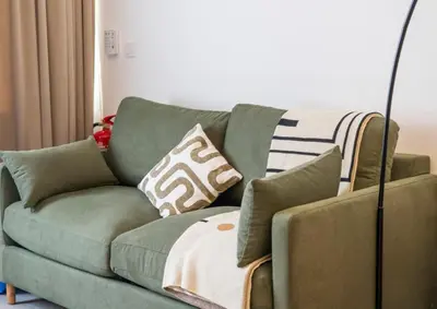 a green couch with pillows on it in a living room at Studio 01 - Les Artes in Valencia