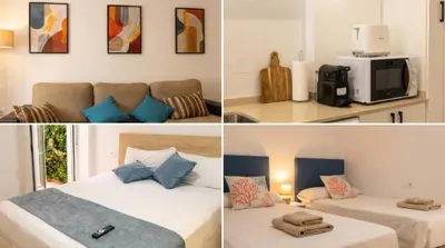 a collage of four pictures of a hotel room at Apartamento moderno en el centro de Tavernes in Tavernes de Valldigna