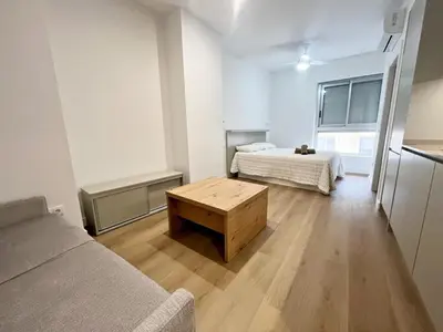 a living room with two beds and a wooden table at Loft en el Centro De Valencia Botánico 1 in Valencia