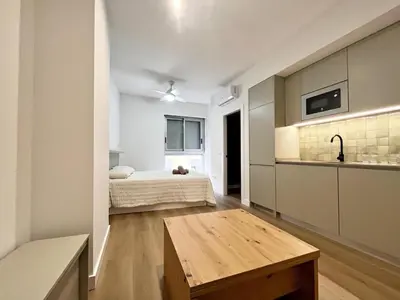 a room with a bed and a kitchen with a table at Loft en el Centro De Valencia Botánico 1 in Valencia