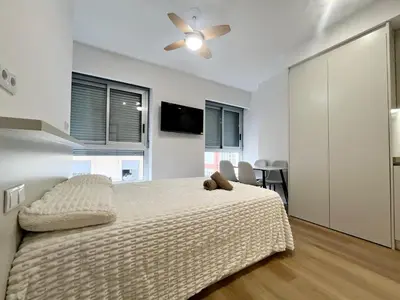 a bedroom with a bed and a ceiling fan at Loft en el Centro De Valencia Botánico 2 in Valencia
