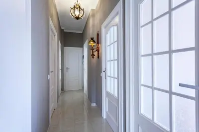 a hallway with a door and a chandelier at Apartment Ruzafa Market I in Valencia