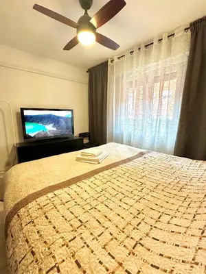 a bedroom with a bed with a ceiling fan and a tv at Apartment Monfort in Valencia