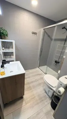 a bathroom with a shower and a toilet and a sink at Apartamento con piscina, playa y cerca de Valencia in Puebla de Farnals