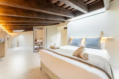 a large bedroom with a large bed with blue pillows at GMG Apartments & Suites in Valencia