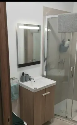 a bathroom with a sink and a shower with a mirror at Studio with garden views in Valencia
