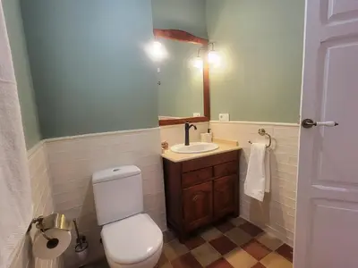 a bathroom with a white toilet and a sink at Casa ALFANG in Torrent