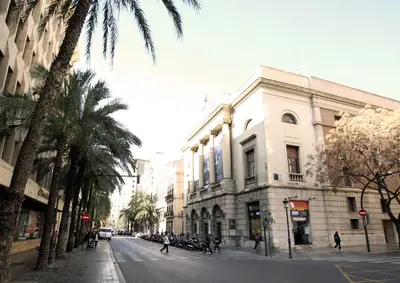 a city street with palm trees and a building at Travel Habitat Ayuntamiento in Valencia