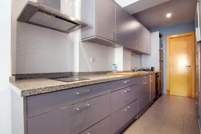 a large kitchen with gray cabinets and a sink at Welcomer Apartments Valencia in Valencia
