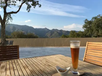 a glass of beer sitting on a wooden table with a view at Mar de Fulles in Alfondeguilla