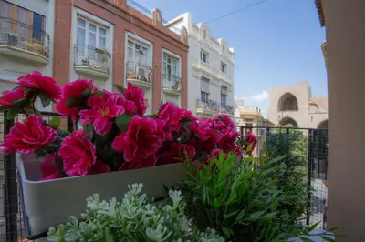 a pot of pink flowers on a balcony at Blanquerias Apartments in Valencia