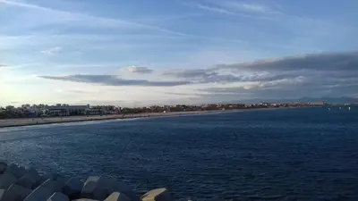 a large body of water with a beach and buildings at Apartment on Carrer del Dr. Lluch in Valencia