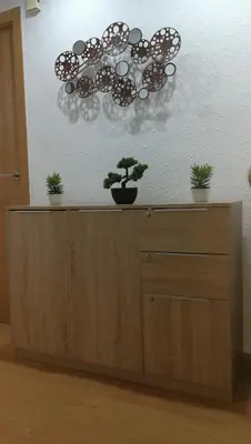 a wooden cabinet with a plant on top of it at Céntrico apartamento en Valencia próximo parada de metro Ángel Guimerà in Valencia