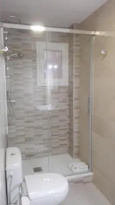 a bathroom with a shower with a toilet and a sink at Apartamento Jardín de Ayora in Valencia