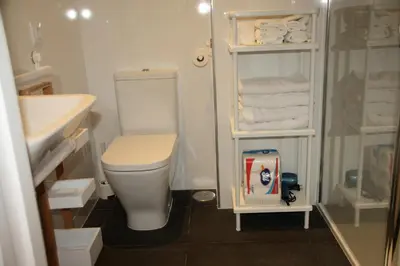 a bathroom with a toilet and a sink and towels at Apartamento Ribes Valencia in Valencia