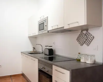 a kitchen with white cabinets and a sink and a microwave at Ambrosio Flats Valencia - El Carmen in Valencia