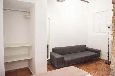 a living room with a gray couch and shelves at Ambrosio Flats Valencia - El Carmen in Valencia