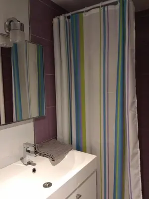 a bathroom with a shower curtain and a sink at Apartamento in Valencia