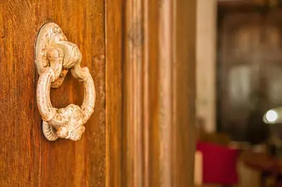 a brass door knocker on a wooden door at Casa Sibarita in Rafelguaraf