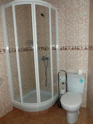 a bathroom with a shower and a toilet in it at Hostal Abastos in Valencia