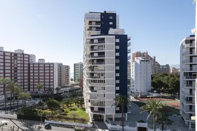 a city skyline with tall buildings and palm trees at Florazar 1, I-A 7-B in Cullera