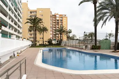 a swimming pool with palm trees and buildings at Lider, 10-B in Cullera