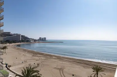 a view of a beach with palm trees and the ocean at Prado, A-7º-72 in Cullera