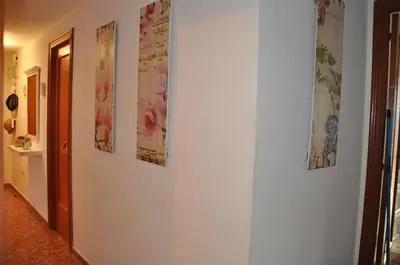a hallway with four paintings on a wall at Palm Tree Cullera in Cullera