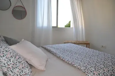 a bed in a bedroom with a window and a bedspread at Palm Tree Cullera in Cullera