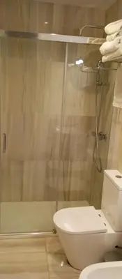 a bathroom with a toilet and a glass shower at Apartamentos BARRACA in Valencia