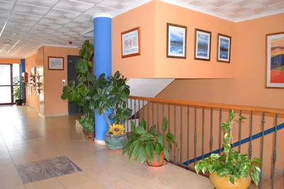 a hallway with potted plants in a building at Portocanet Complejo Turístico in Canet de Berenguer