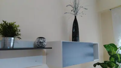 a blue shelf with a vase and plants on it at Apartamento Ciudad de las Ciencias 2 in Valencia