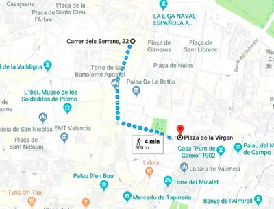 a close up of a map with pointers at FLORIT FLATS - Serranos Apartment in Valencia