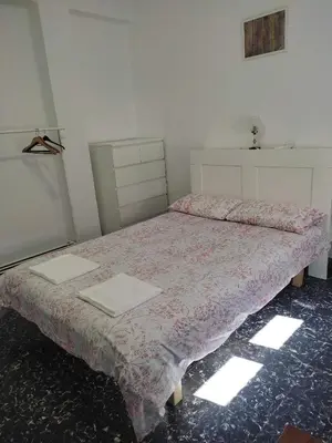 a bedroom with a bed with a pink bedspread at Apartamento Cuatro Carreres in Valencia