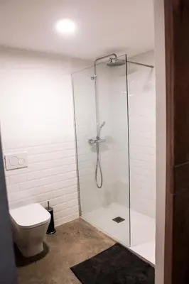 a bathroom with a glass shower with a toilet at Apartment Triador in Valencia
