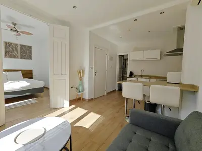 a living room and kitchen with a couch and a bed at Hola Valencia - Holiday Apartments in Valencia