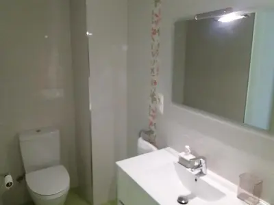 a bathroom with a toilet and a sink and a mirror at El Católico 56 in Valencia