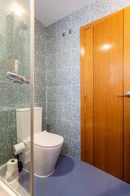 a bathroom with a toilet and a glass door at Exclusive Museum in Valencia