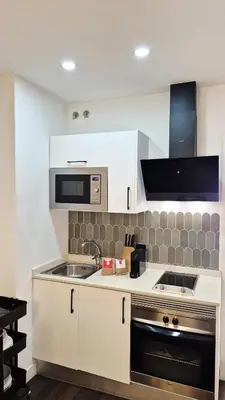 a white kitchen with a sink and a microwave at Apartamentos Carmen del Turia in Valencia