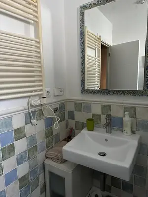 a bathroom with a sink and a mirror at Cristina Apartamento Center in Valencia
