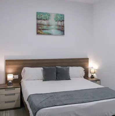 a bedroom with a large white bed with two lamps at Hostal Tartessos in Valencia